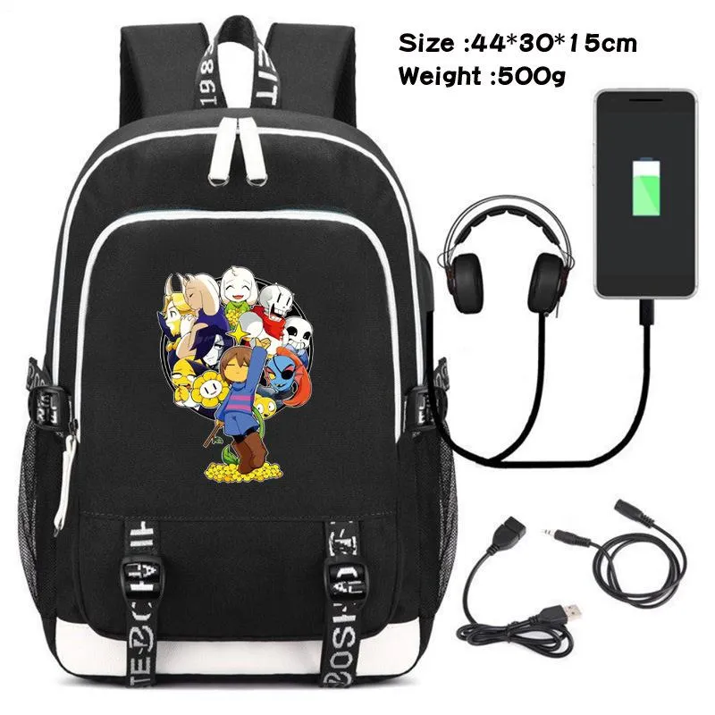 Juego Undertale Sans Cosplay Mochila con carga USB Estudiante Bolso de hombro escolar Mochila de viaje para computadora portátil Regalo