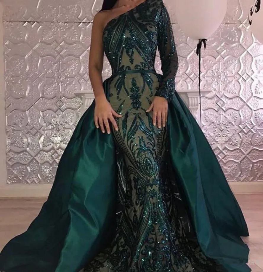 Luxuriöse dunkelgrüne Abendkleider 2020, One-Shoulder-Zuhair-Murad-Kleider, Meerjungfrau, Pailletten-Abschlussballkleid mit abnehmbarer Schleppe, nach Maß 583