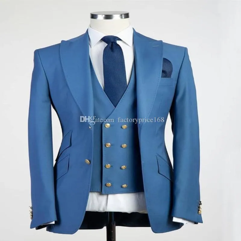 Modne dwa przyciski Groomsmen Peak Lapel Groom Tuxedos Mężczyźni Garnitury Ślub / Prom / Dinner Best Man Blazer (Kurtka + Spodnie + Kamizelka + Kamizelka) A158