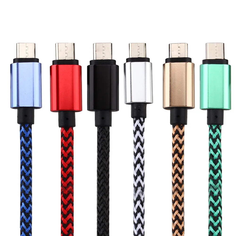 Micro USB-typ C 1M 3FT 2.0A WAVE Flätad Aluminiummetalladapter Laddare Kabel Nylon flätad ledning Tråd för smart telefon 1000PC