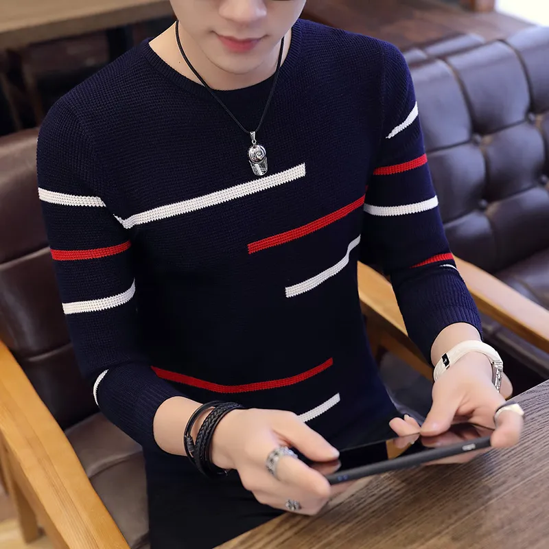 2019 New Fashion Brand Sweater Mens Pullover Striped Slim Fit Jumpers Knitred Woolen Autumn Korean Style Casual Men Clothes