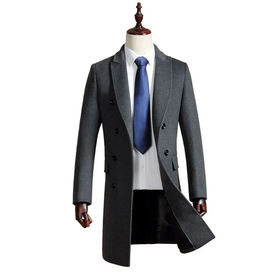 Man Wool Jacket Long High Quality Formal Business Grey Double Breasted Button Male Trench Pockets Overcoat Warm Men Woolen Coat