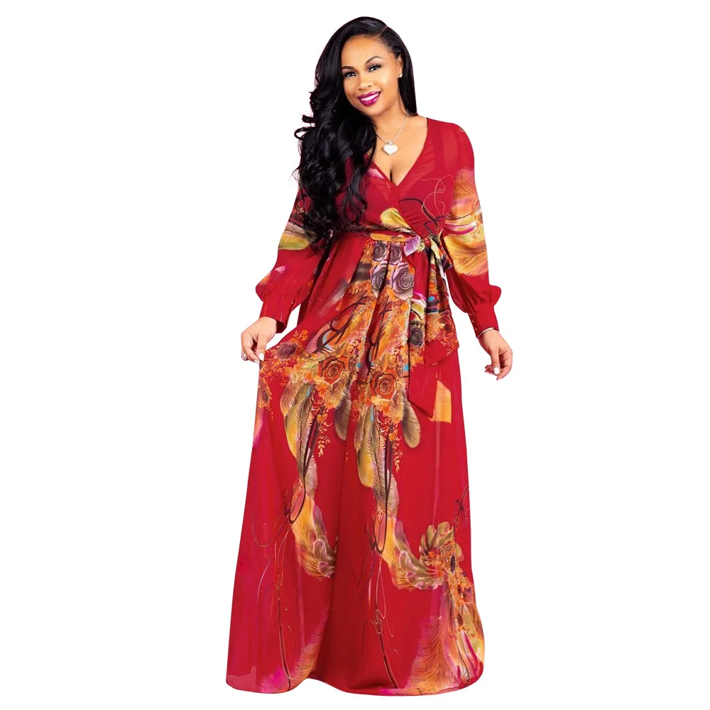Floral Printed V Neck Maxi Red Maxi Dress For Women Long Sleeve