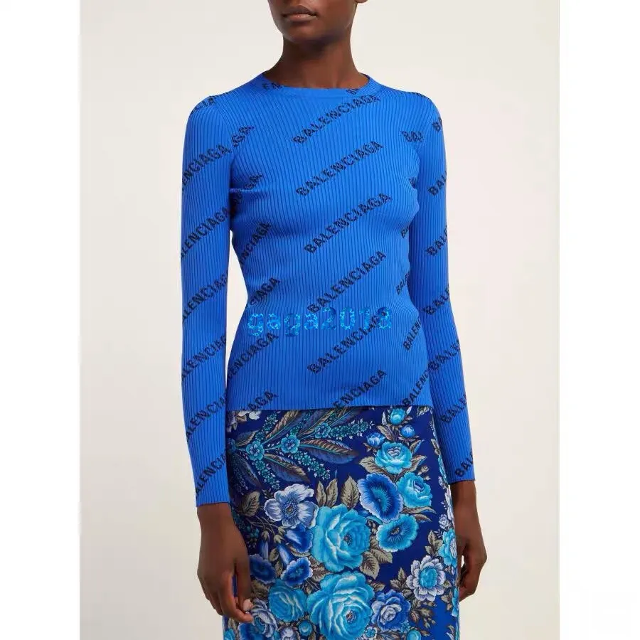 High End Women Girl Knit Sweater All Over Letter Pattern Crew Neck Long