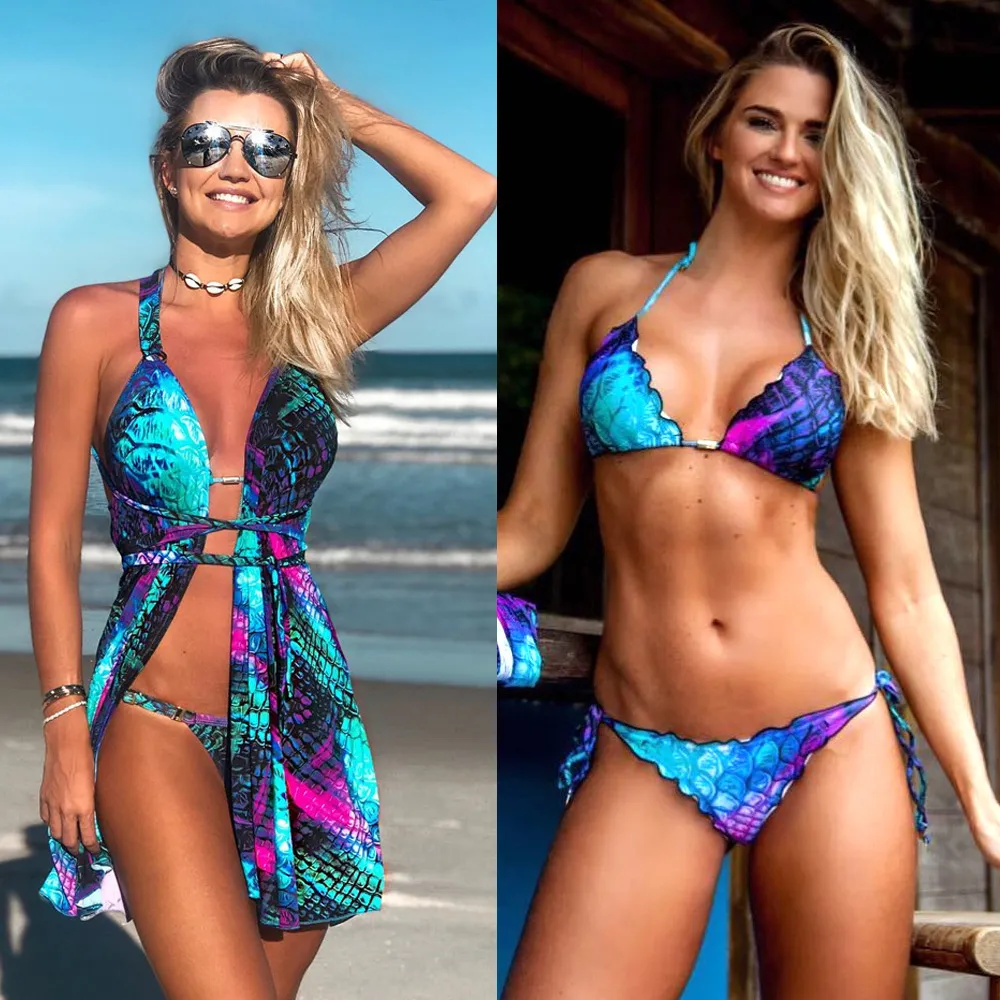 Designer-2019 Sexig sommar Ny gradientskala Utskrift Mermaid Halter Strap Bikini Baddräkt Tre-Piece för Kvinnor Gratis frakt