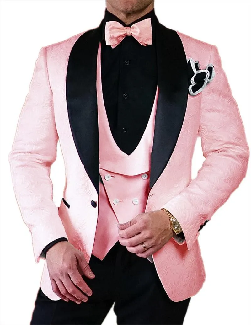 Pembe Kabartma Damat Smokin Siyah Yaka Sağdıç Düğün 3 Parça Takım Elbise Popüler Erkekler İş Balo Ceket Blazer (Ceket + Pantolon + Kravat + Yelek) 18