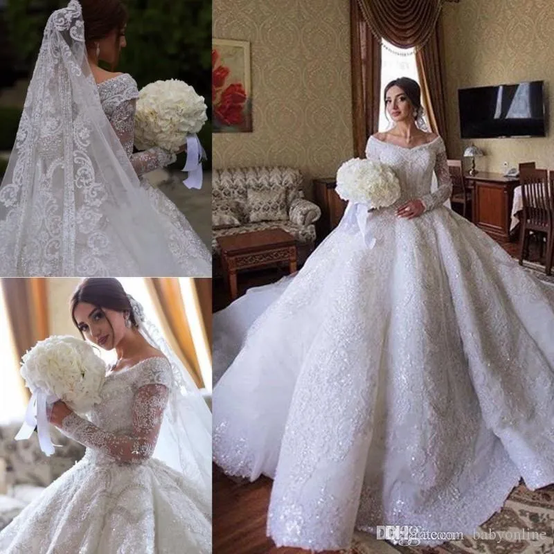 Boll arabiska dubai klänningar klänningar från axel långärmad spets applicerade paljetter bröllopsklänning brudklänningar plus storlek s