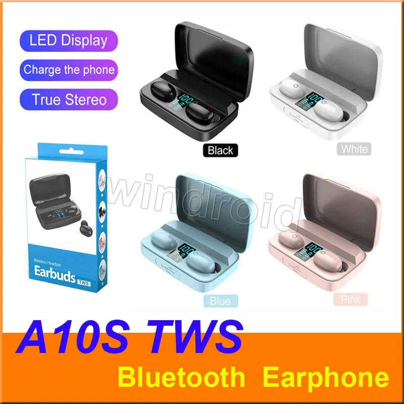 A10S TWS Słuchawki Słuchawki Bluetooth 5.0 z wyświetlaczem ładunkowym w ucho Mini Stereo Bezprzewodowe słuchawki Słuchawki Sportowe z 1800mA USB Power Bank