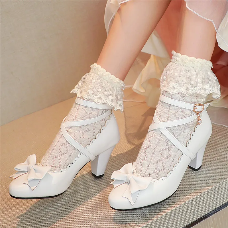 Dress Shoes 2021 Lolita Kawaii High Heels Cross Strap Woman Pumps Cute Bow Block Heel Ladies School Girls Cosplay1