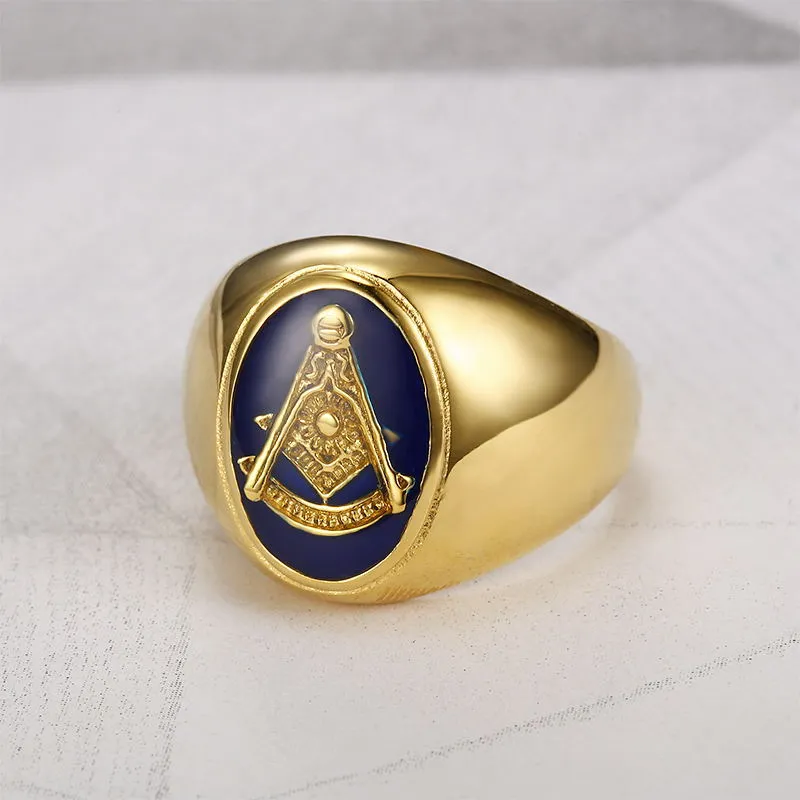 Stainless Steel Masonic Past Master Signet Ring 2024 New Unique Gold Silver Compass Square Sun Face Blue Lodge Jewelry For Men
