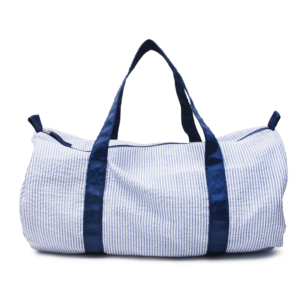 Sac de sport en coton pour enfant en gros Seersucker Kid Barrel Bag Preppy Sac de voyage pour enfants avec fermeture à glissière en acrylique DOM-1081494