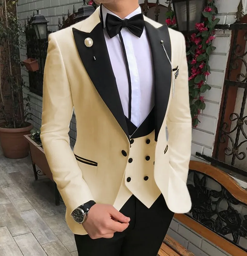 Beige Groom Tuxedos Black Peak Lapel Groomsman Wedding Tuxedos Excelent Men Prom Jacket Blazer 3 Piece Suit (Kurtka + spodnie + krawat + kamizelka) 202