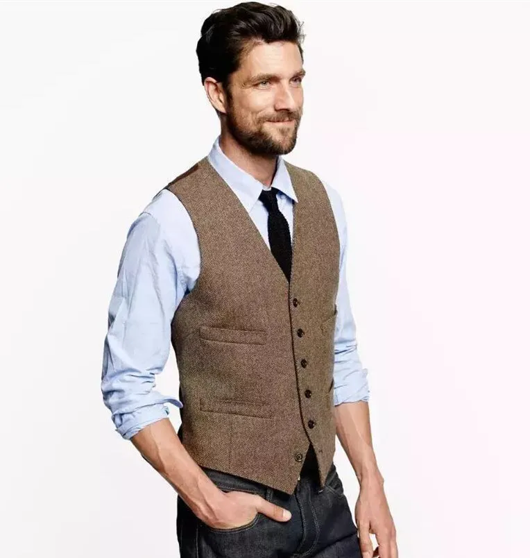 Chalecos de novio de tweed baratos Lana en espiga Estilo britanico Chaleco de novio por encargo Chaleco de traje ajustado para hombre Chaleco de boda