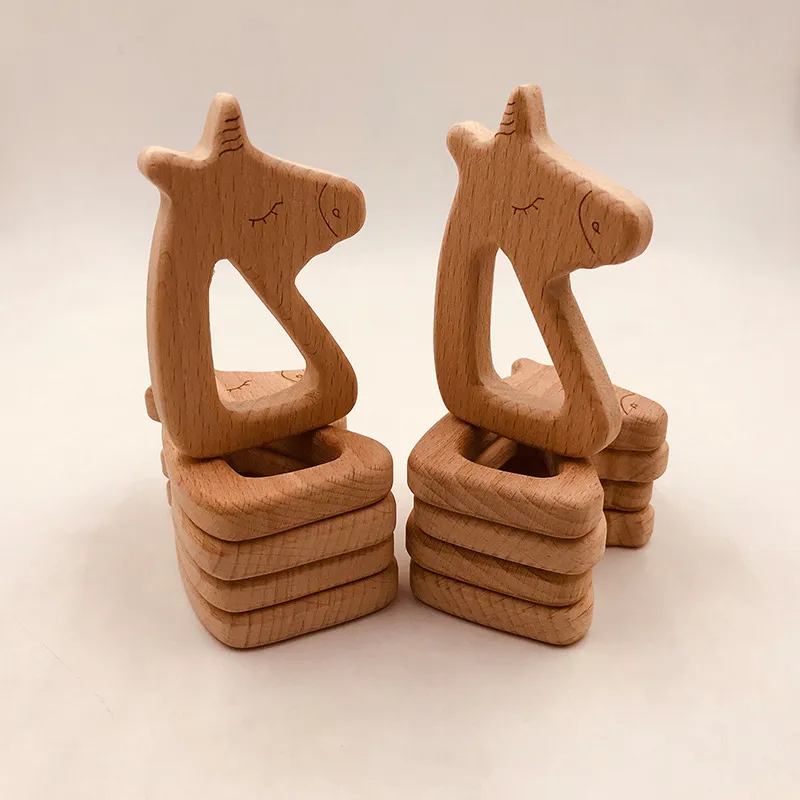 10pcs Säuglingsholz -Pferd -Form -Zähler für Babykinder Molar Schnullerkette Halskette Spielzeug Food Grade Buchen Zahnen Training Spielzeug