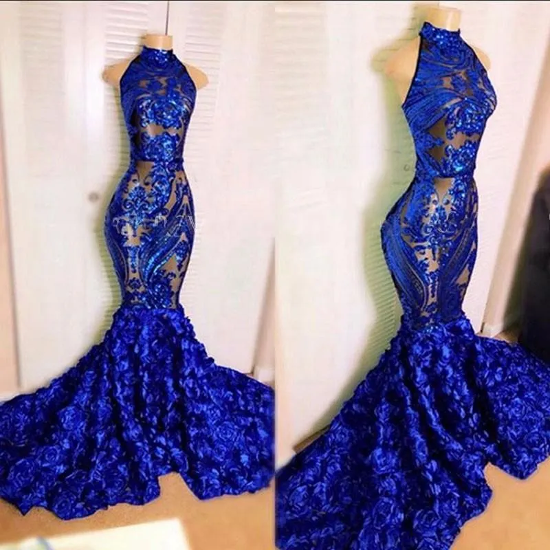 2020 Royal Blue Prom Dresses Mermaid Sequins Handmade Flowers Halter Sleeveless Custom Made Evening Gown Formal Occasion Wear