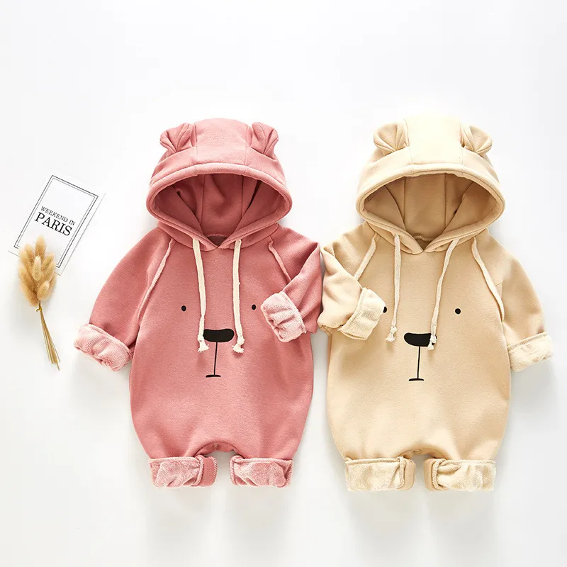 Coreano stile spesso Orso Ear Stampa allentati pagliaccetto hoodies di inverno delle ragazze dei ragazzi delle tute con il cappuccio in pile Outwear per i bambini