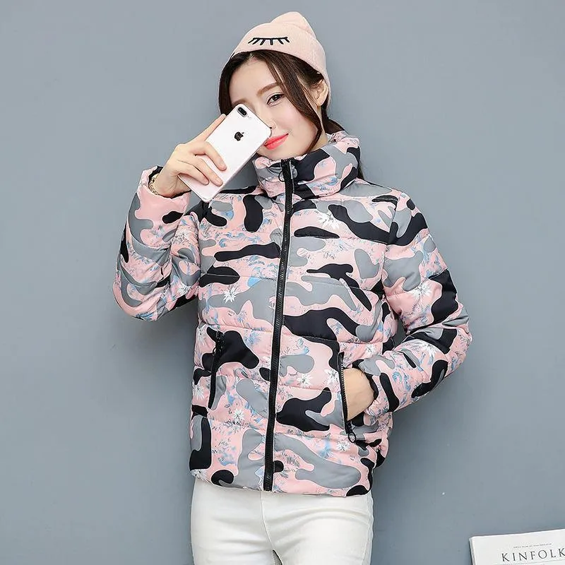 Femmes veste hiver Camouflage imprimé Parka col montant Parkas courts femme vestes d'hiver étudiant femmes manteau et veste