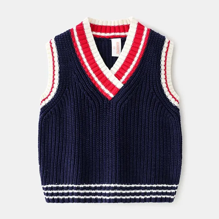 Knitted Cotton V-Neck Vest for Teens Uniform Pullover Sleeveless