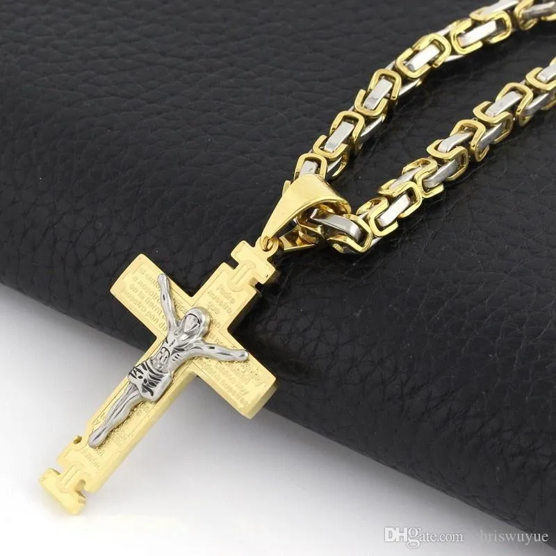 Nouveaux bijoux pendentif à breloque croix de dieu jésus bijoux pour hommes plaqués or, collier croix en acier inoxydable à la mode pour hommes NP56K