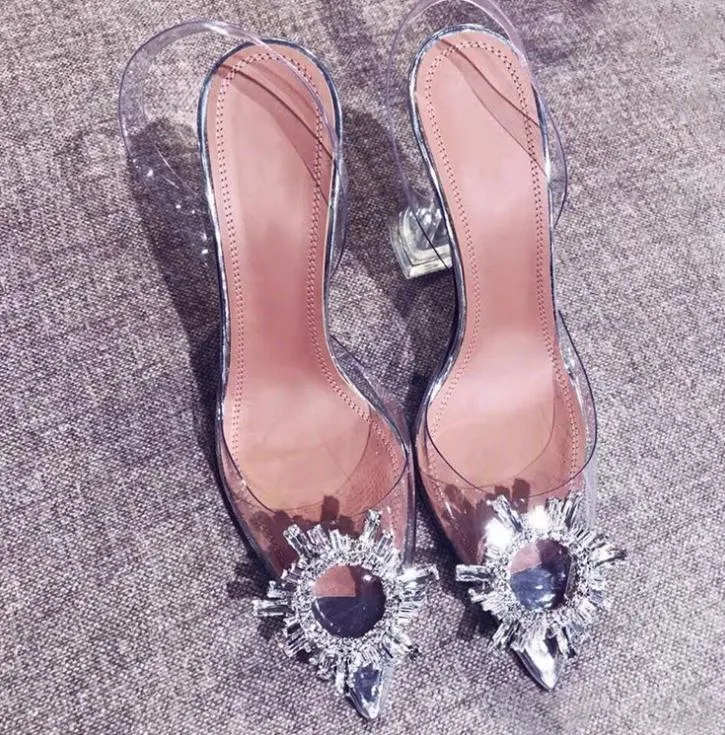 Hot Sale-Rhinestones shoes toe High heels Crystal Clear heeled Slingback Pumps sandal heels