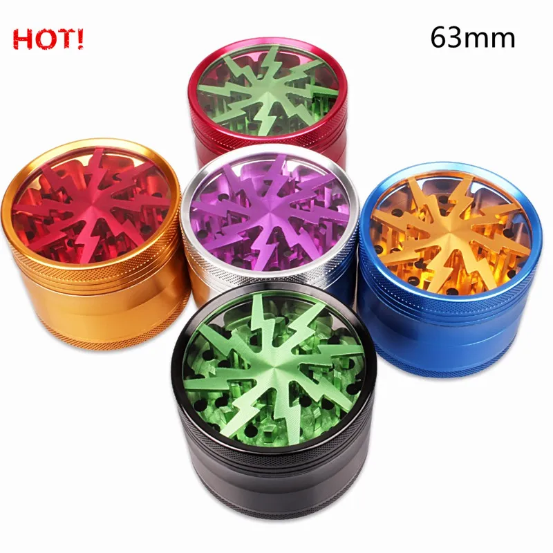 Tobacco Herb Lighting Grinder 4 piece 50mm 55mm 63mm Smoking Set aluminum alloy pollen press catcher metal grinders With Clear WINDOW DHL