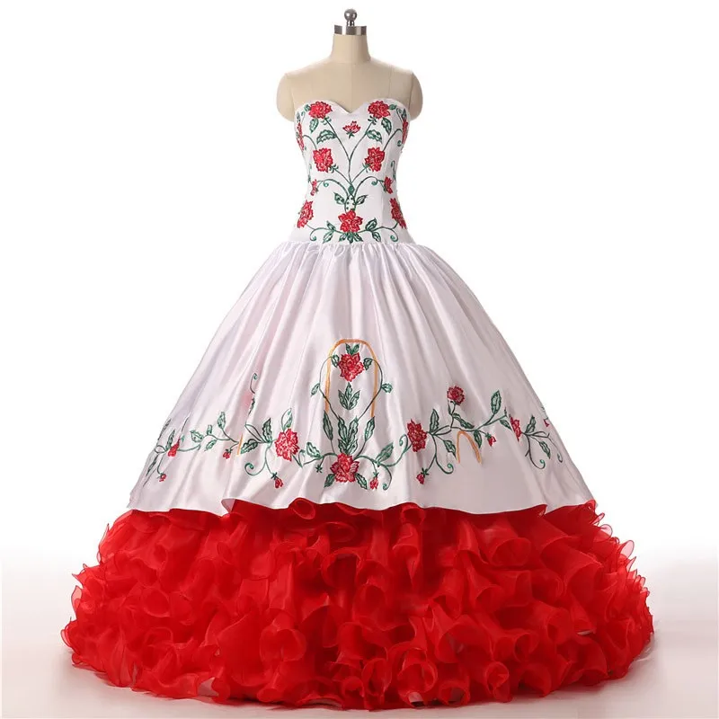 Klassiska blommor broderi quinceanera prom klänningar 2022 boll klänning röd vit ruffles riktigt foto söt 16 klänning vastidos de klänning