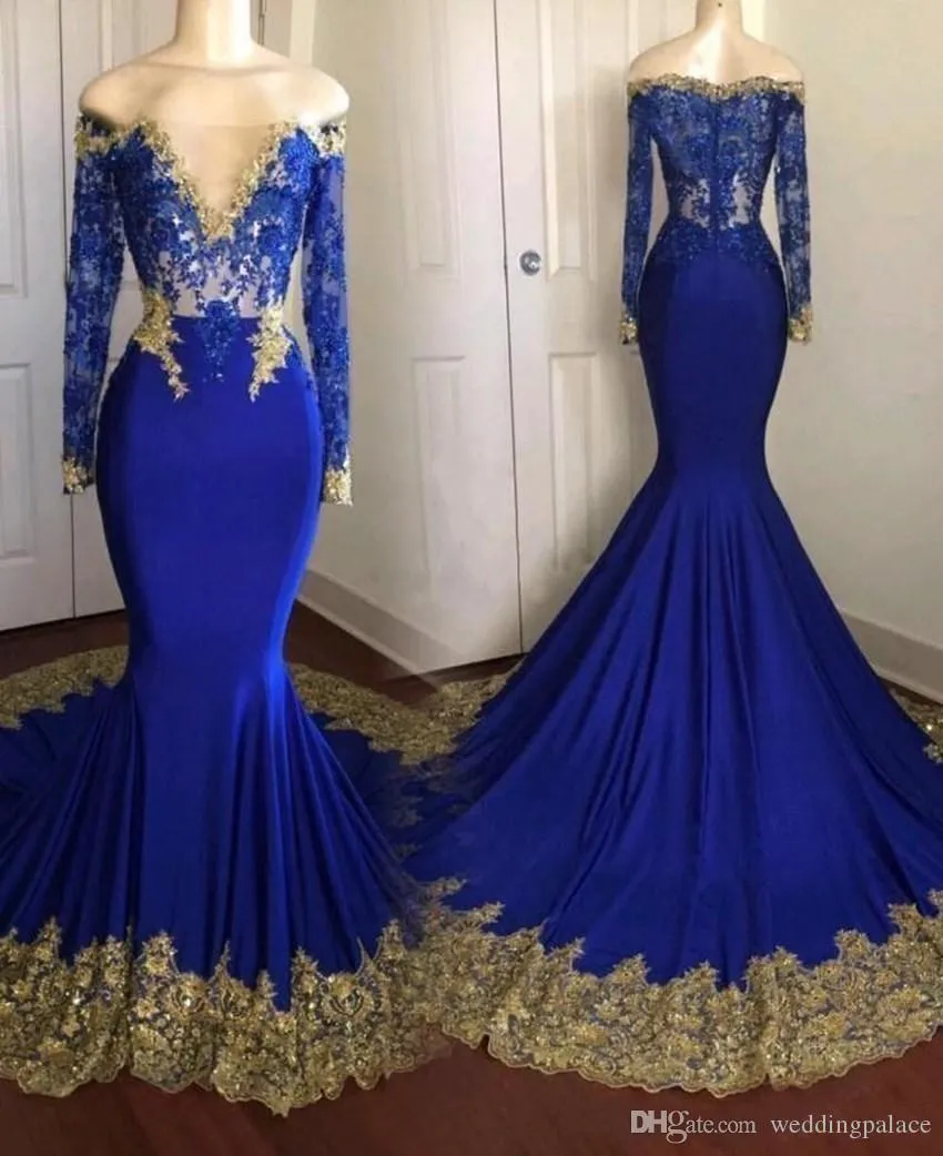 Incrível Lace Royal Blue Mermaid Prom Vestidos ouro Applique manga comprida ver através Formal Wear Vestido Partido Vestidos