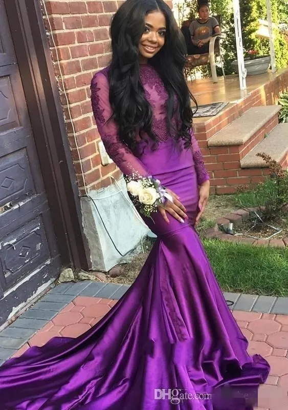 Purple Black Girls Prom Dresses Mermaid Backless Długie Rękawy Illusion Bodice Lace Aplikacja Plus Size Custom Made Evening Party Suknie