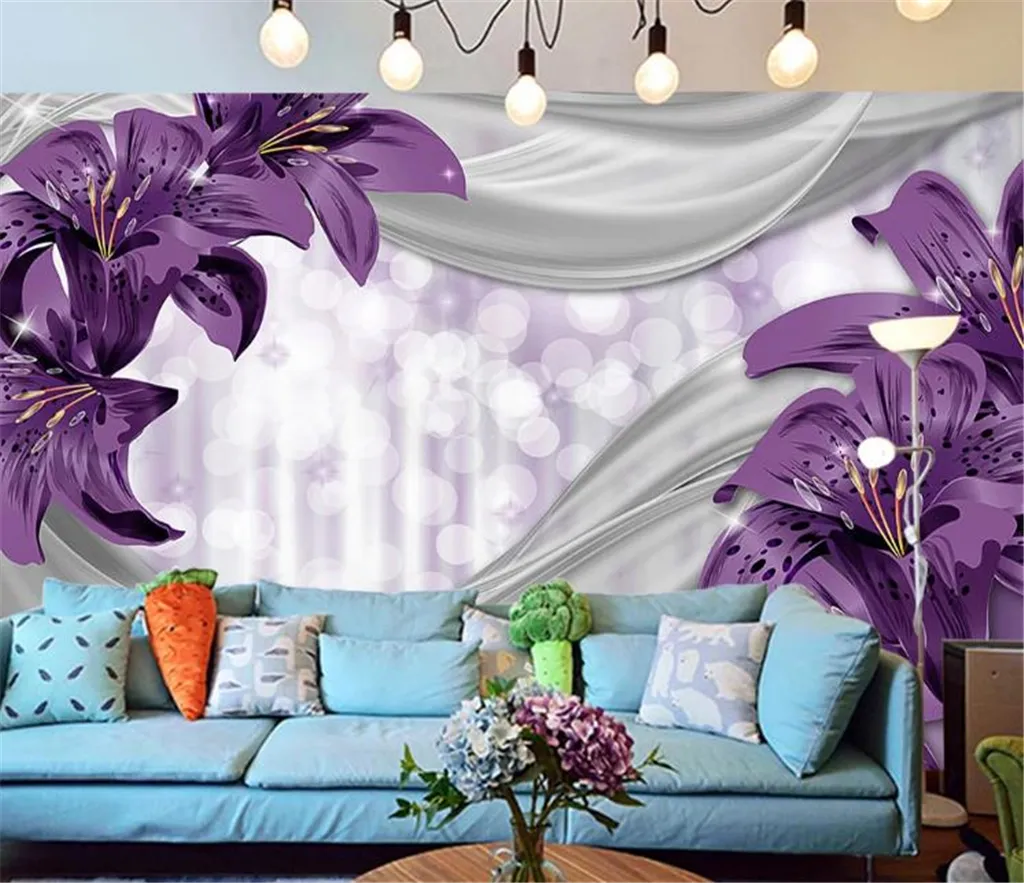 3D壁紙アメリカのユリの花柄絹牧歌的なモダンな背景の壁HD装飾的な水分の壁紙