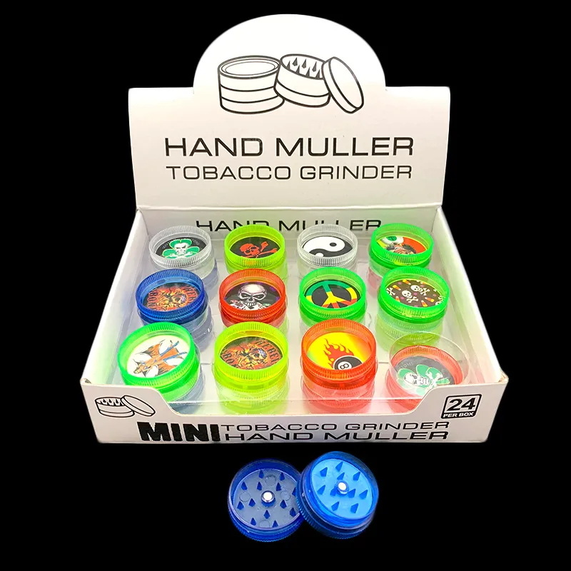30 mm 2-delige mini-kruidenmolen voor het roken van 24ps/perceel acryl harde plastic tabak Muller Spice Crusher met stickers