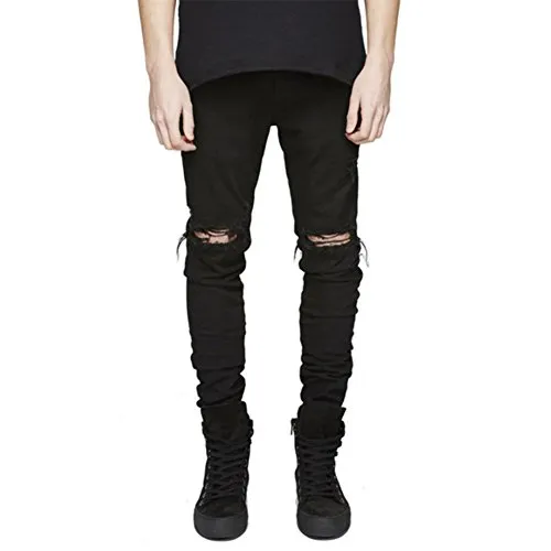 LONGBIDA Slim Fit Ripped Jeans Men Hi-Street Mens Distressed Denim Joggers Knee Holes Washed Destroyed Jeans