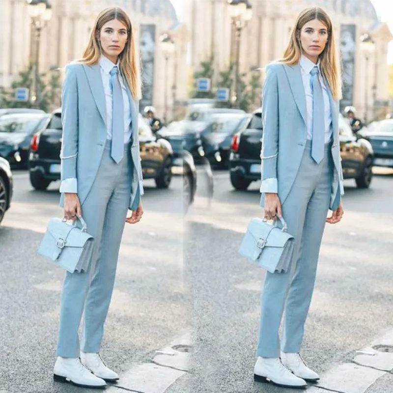 Light Blue Mother Of Bride Pantsuits One Button Formal Work Wear