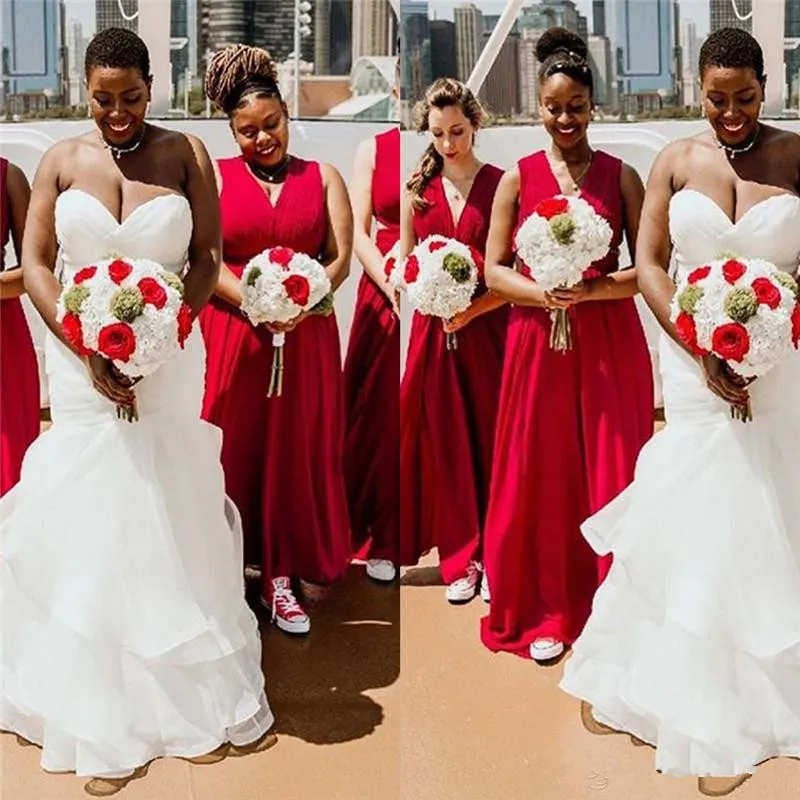 2020 NIEUWE Klassiek A Lijn V-hals Afrikaanse Bruidsmeisjes Jurken Elastische Vlek Roes Maid of Honour Jurken Weddding Guest Jurken Custom Made