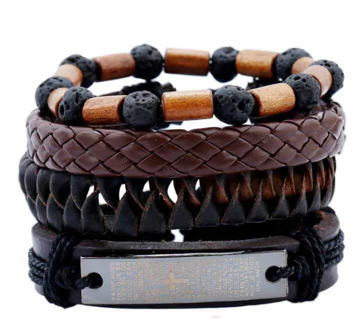 Traje de vaquero de comercio europeo y americano, pulsera para hombre, piedra volcánica, cuentas de madera, pulsera de cuero tejido antiguo 12 unids/lote