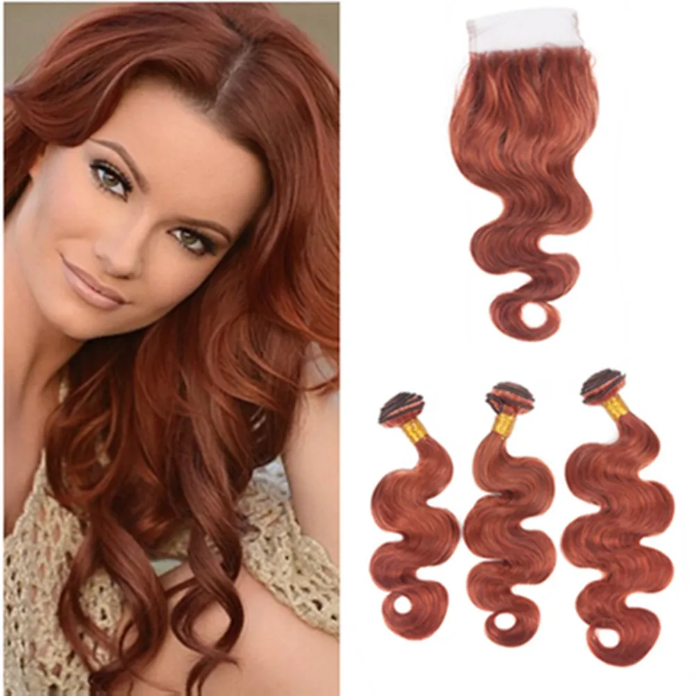 Brazilian Dark Auburn Body Wave Mänskliga hår 3bundles med stängning Koppar rött hår väv med stängning # 33 Hårbuntar med spetslås 4x4