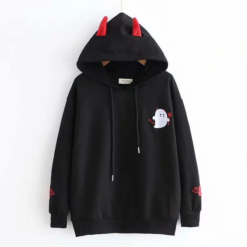 Harajuku Hoodies Girl Little Devil Horns Gothic Hooded Sweatshirts Women Autumn Loose Lolita Pullovers Tops Black White Y190830