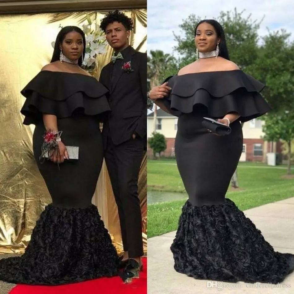 Plus Size African Mermaid Evening Dresses Black Satin Off Shoulder Ruched Hand Made Flowers Formal Dress Prom Gowns robes de soirée vestidos