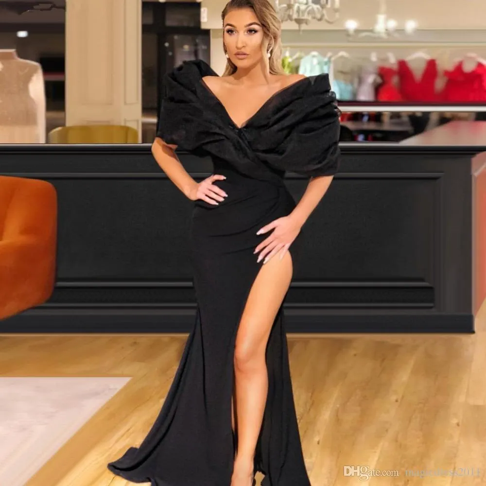 Noir hors sexy épaule gaine robes de bal haut côté fendu longueur de plancher pas cher formelle robe de soirée longue fête robe de concours