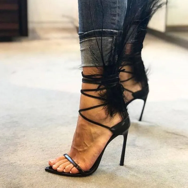 Black feather strap heels sales