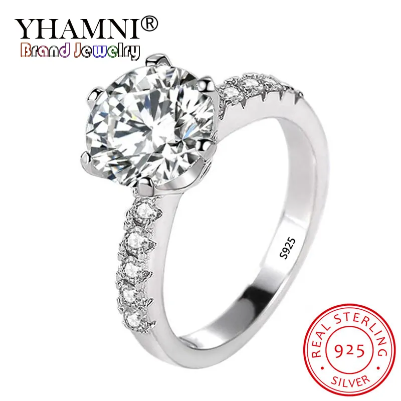 YHAMNI luxuriöse 2ct 8mm Rundschliff Moissanit Edelstein Hochzeit Verlobungsringe für Frauen 925 Silber Schmuck Marke Brautring R427