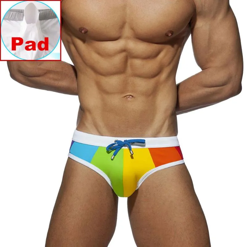 Traje de baño Gay para hombre, bañadores de realce de arcoíris, ropa interior Sexy para hombre, bañadores, bañadores, pantalones cortos de playa para Bikini