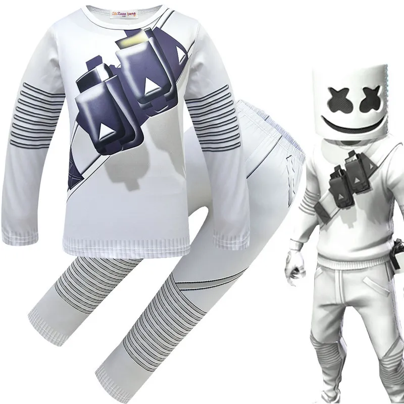 Cosplay DJ Marshmello Costume pour enfants garçons filles hauts/pantalons/masque ensemble enfants blanc vêtements de maison pour Halloween carnaval jeu Cos vêtements