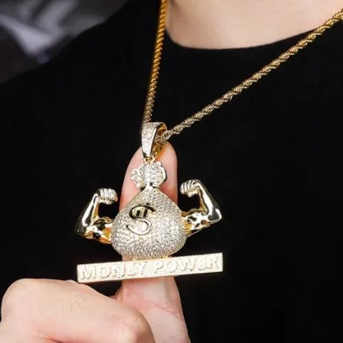 Neue 18K Gold Herren Bling Money Bag Dollar $ Money Power Anhänger Halskette Hip Hop personalisierter Zirkonia Schmuck Bijoux Geschenke für Männer