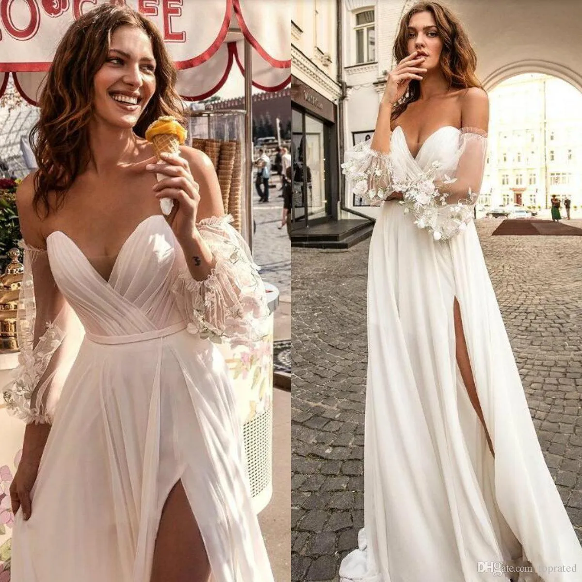 Beyaz Basit Tasarım Boho Gelinlik A-Line Kolsuz Dantelli Uyluk Yüksek Bölünmüş Gelinlik robe de mariée Seksi Plaj Gelinlik