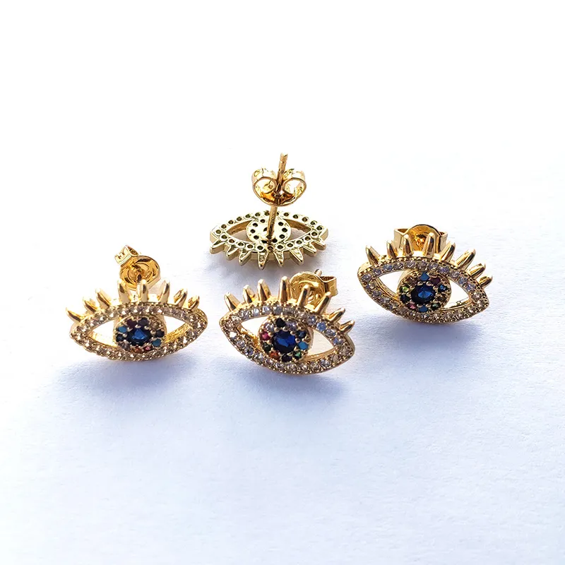 Hoge kwaliteit gouden kleur oog wimper oorbellen, micro pave regenboog cz kubieke zirconia stud oorbellen vrouwen sieraden ER889