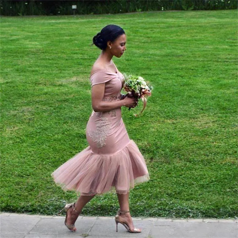 Off the shoulder hotsell tea length bridesmaid dresses