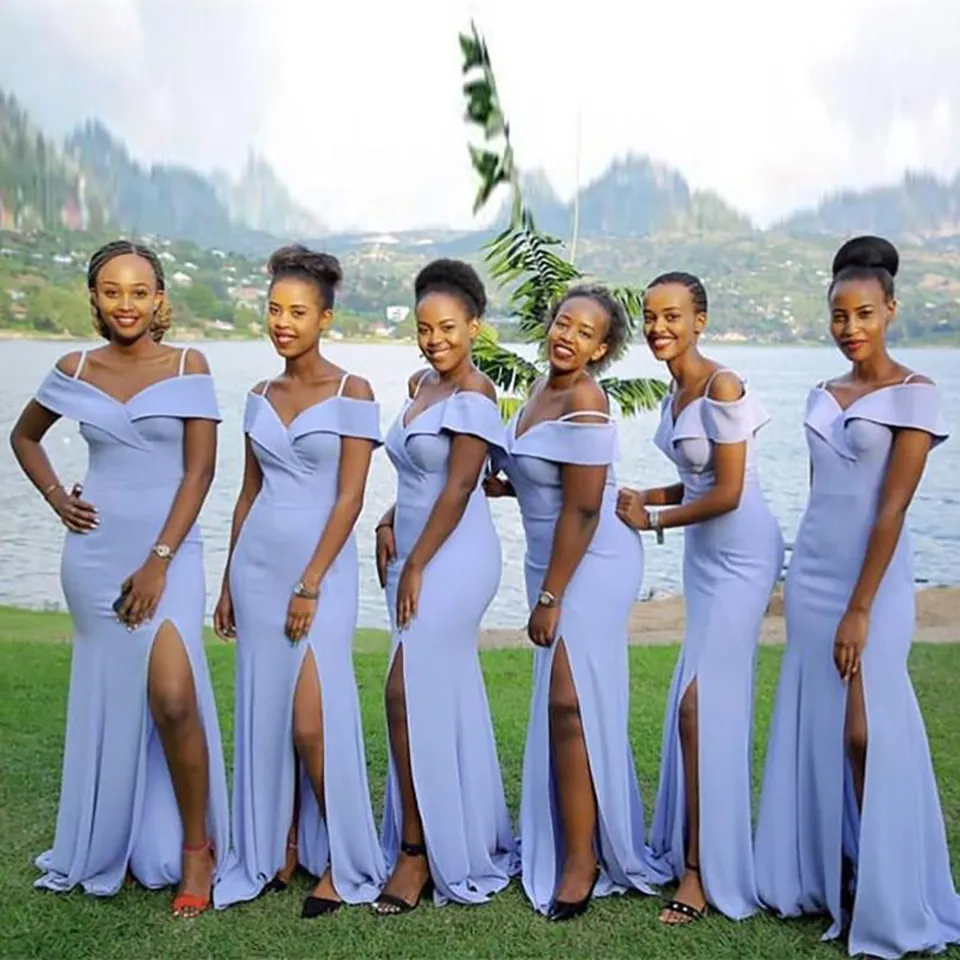 Enkla långa afrikanska brudtärna klänningar av axel sjöjungfru stil front split bröllopsfest klänningar ny piga av ära klänning bd8963