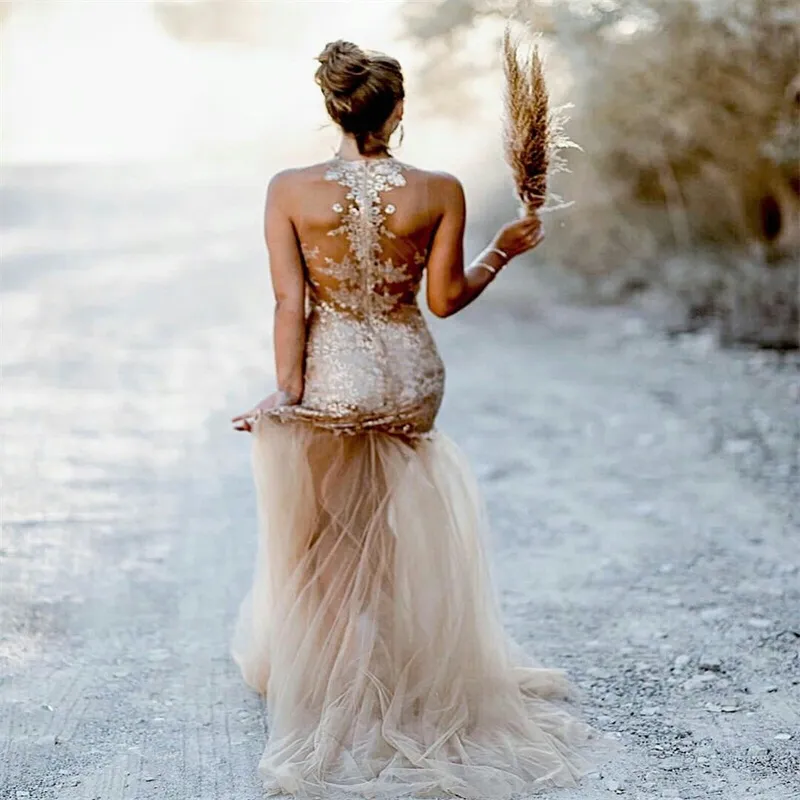Boho Beach Champagne romantic bohemian wedding dresses with High Neck, Sleeveless Appliqued Lace, Illusion Sweep Train, and Ruched Tulle - Robes de