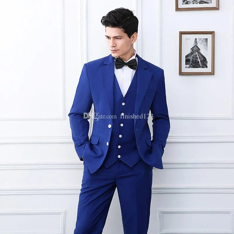 High Quality Two Buttons Royal Blue Wedding Groom Tuxedos Notch Lapel Groomsmen Men Formal Prom Suits (Jacket+Pants+Vest+Tie) W162