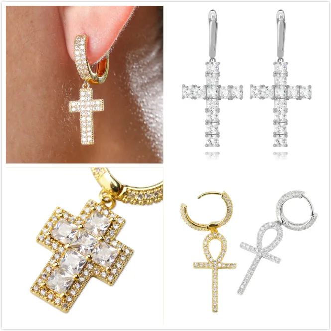 Personalized 18K Gold Plated Bling Cubic Zirconia Cross Hoop Earring Mens Womens Hip Hop Earrings Iced Out Diamond Jewelry for Women Men